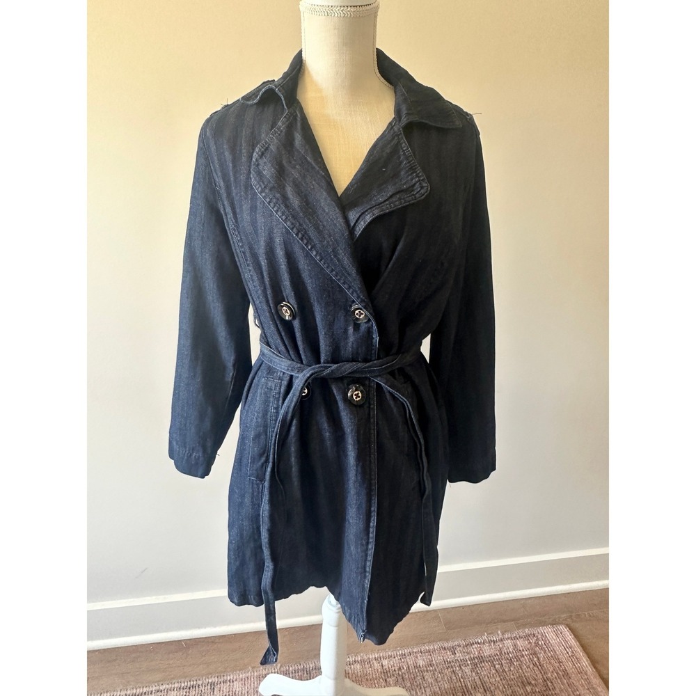 Chicos Dark Wash Denim Trench Coat Double Breasted Herringbone Long Jacket Sz 1 - Picture 2 of 13